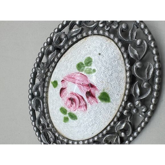 Vintage Signed Tip Toe Guilloche Enamel Hand Painted Rose Shoe Clips - Picture 10 of 10